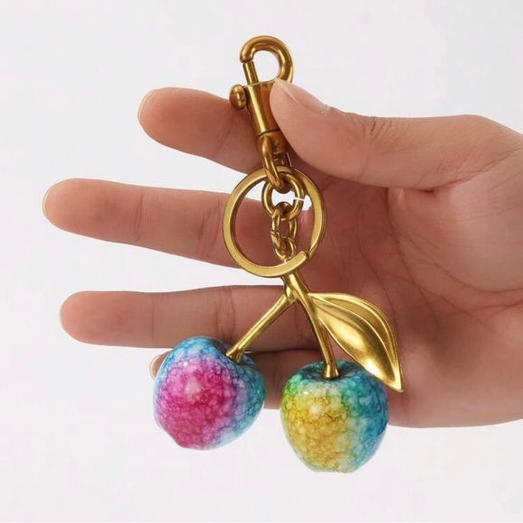 Gold Cherry Multicolor Bag Purse Charm Keychain - Picture 3 of 7
